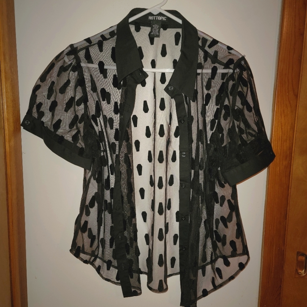 Black Coffin Sheer Girls Button-Up Plus Size Goth